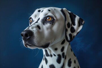 Dalmatian Dog Portrait on Deep Blue Background with Observant Eye