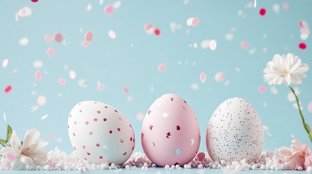 Three pink and white Easter eggs are decorated on a light blue background, with shiny confetti, delicate flowers, and a soft defocusing effect, showcasing holiday decorations and elegant products.