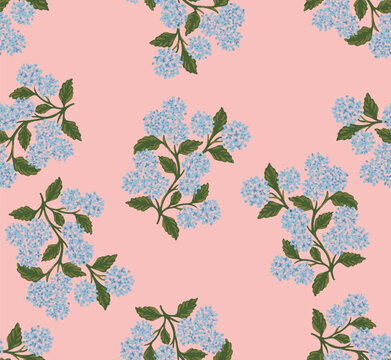 Abstract cute blooming hydrangea floral illustration pink background seamless pattern wallpaper print for textile fabric print vector graphic artwork