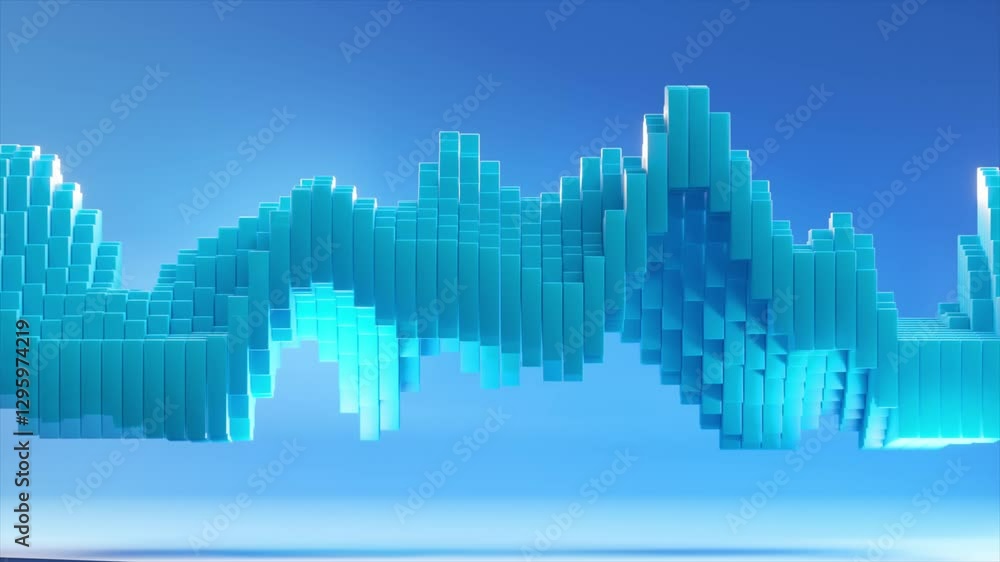 Poster luminous blue wave form dynamically transforming, undulating across gradient background, generating 
