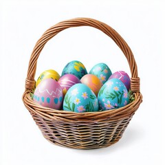 Colorful Easter Egg Basket Filled with Decorative Eggs on White Background