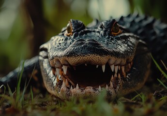 Close-Up View of a Fierce Alligator Lying in the Grass with Bared Teeth and Sharp Fangs Under Soft Natural Light