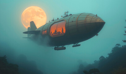 Fototapeta premium The airship's gondola is surrounded by lush greenery and traditional Japanese plants, while its propellers are reflected in a serene pond. Brass accents and old-fashioned instruments adorn the ship's 