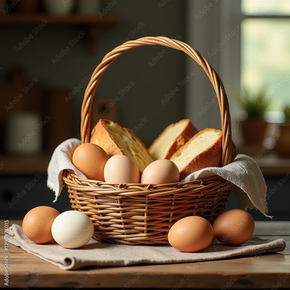 Poster rustic table setting: fresh eggs and bread in a wicker basket on a blurred background. a basket fill
