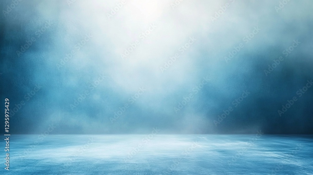 Poster A serene environment enveloped in a mystical blue mist creates an ethereal atmosphere. Soft light filters through, casting tranquil shadows on the surfaces below, evoking calmness and contemplation