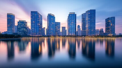 Fototapeta premium Reflections of city buildings at twilight on calm lake water beautiful sunset light