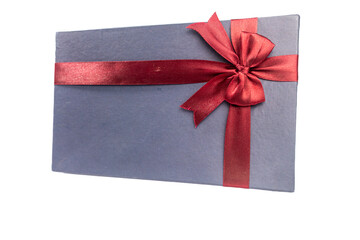 Enclosed Purple gift box or fancy box with red ribbon isolated on white background, present birthday