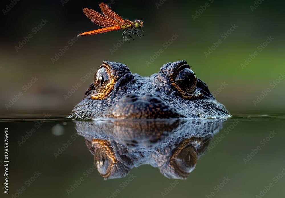 Poster close-up view of a frog with reflection in water and a dragonfly in flight above a tranquil natural 