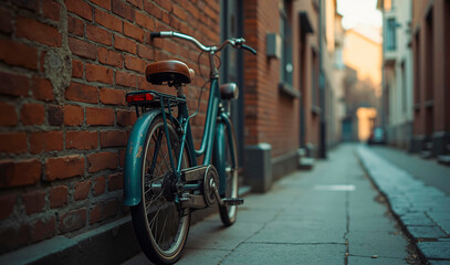 A vintage-inspired bicycle with distressed leather seats leans against a worn brick wall in a nostalgic urban alleyway.