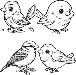 Charming Cartoon Bird Silhouettes - Black and White Avian Illustrations
