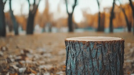 Fototapeta premium Wooden Tree Stump in Autumn Forest with Blurred Background Scene