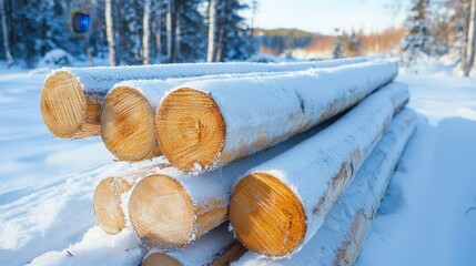 Snow-Covered Wooden Logs Stacked in a Sunlit Winter Landscape