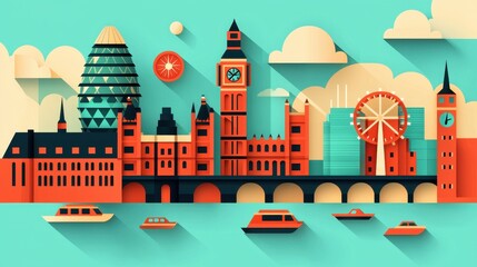 Colorful Flat Design of London Skyline with Iconic Landmarks
