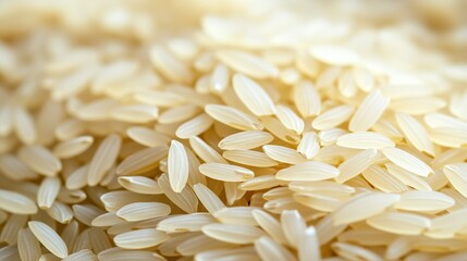 Macro closeup of dry white rice grains, a raw cereal texture