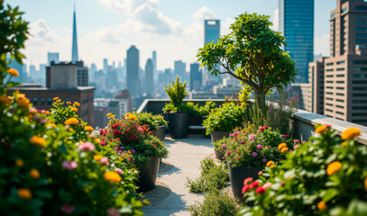 Fototapeta premium A tiny, serene garden thrives amidst concrete skyscrapers, featuring verdant foliage and colorful blooms.