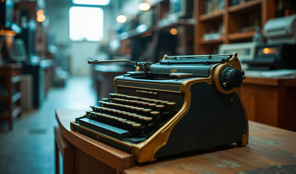 A vintage-inspired mechanical typewriter, adorned with brass accents, lies idle in a dusty, dimly lit retro computer store.