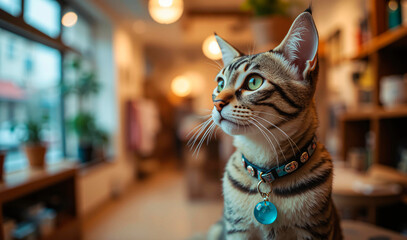 A stylish cat wears a recycled sea glass pendant collar, surrounded by upscale store decor.