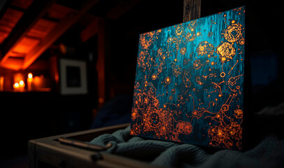 A weathered, iridescent wood panel is etched with microscopic constellations and ancient circuitry patterns, glowing softly in a dimly lit, candlelit attic space.