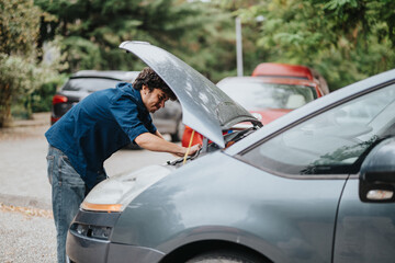 A man is examining a car engine in a parking lot, concentrating on vehicle maintenance. The scene...