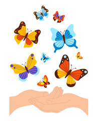 Hands releasing colorful butterflies. Butterfly symbolizing freedom, transformation, and connection with nature. Vector illustration perfect for zero discrimination day, celebrate, greeting card, etc