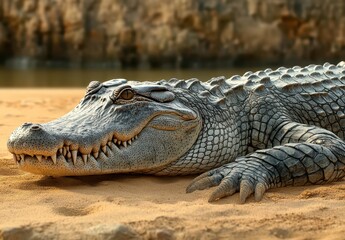 Fototapeta premium Close-Up View of a Large Reptile Resting on Sandy Shore Next to Water, Showcasing Intricate Scales and Powerful Jaw Structure in Natural Habitat