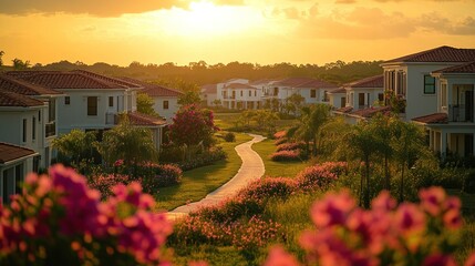 Sunset over tropical housing community