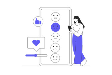 Customer feedback. Woman Character choosing smile with good emotion for client experience evaluation. Flat Cartoon Vector Illustration, icon. Stylish abstract Flat design for website