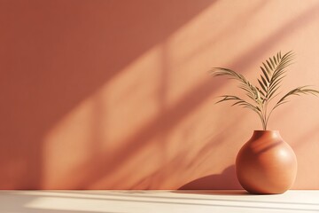 Minimalist terracotta vase with palm plant against coral wall.