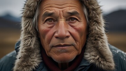 Close-up of an elderly Eskimo man with a weathered face and serene expression