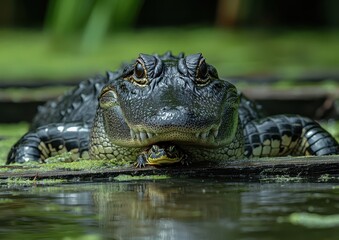 Fototapeta premium Close-Up View of a Large Reptile in Water Surrounded by Greenery, Capturing the Unique Features and Texture of the Scales and Habitat Environment