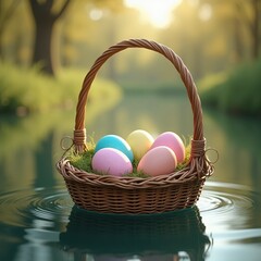 Easter Wonderland: Wicker Basket Overflowing with Colorful Eggs in a Tranquil Forest Sky. A basket filled with colored eggs sitting on top of water.