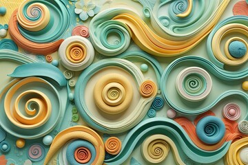 Fototapeta premium Whimsical Swirls on Creamy Mint Background with Vibrant Colors and Abstract Texture