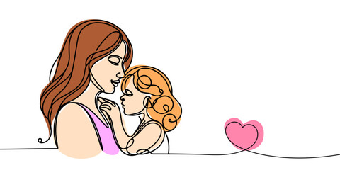 Happy Mother day card. Continuous one line drawing. Woman hold her baby. Vector illustration