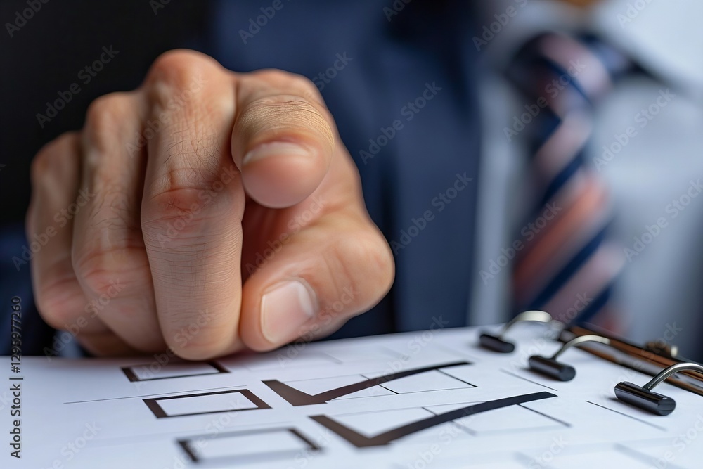 Poster close-up shot of businessman approving project with checkbox tick mark on quality control checklist
