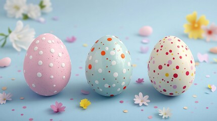Easter eggs decorated with polka dots and white flowers, placed on a peaceful blue background with colorful confetti floating in the air, perfect for Easter themed greetings, minimalist design.