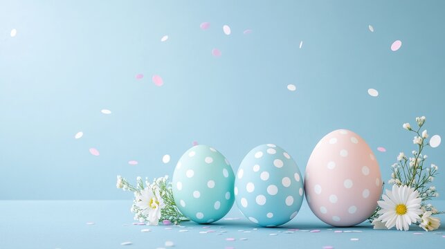 Easter eggs decorated with polka dots and white flowers, placed on a peaceful blue background with colorful confetti floating in the air, perfect for Easter themed greetings, minimalist design.