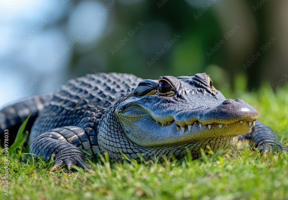 Poster close-up view of a lying alligator with detailed scales and sharp teeth in a natural environment sur