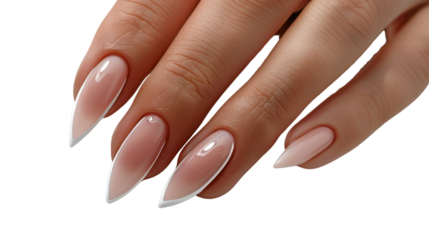 Woman hand showing french white nails manicure on transparent background