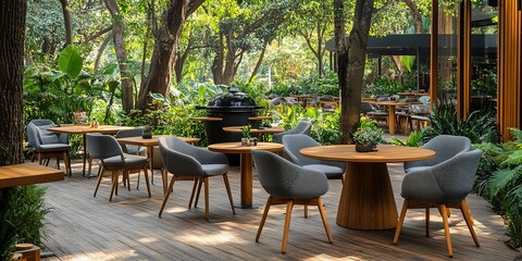 Outdoor dining area filled with greenery and modern furniture in a tranquil setting perfect for relaxation and enjoyment