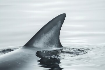 Fototapeta premium close-up of a shark fin’s tip, sleek gray skin, soft white scars, faint water ripples, sharp predatory curve, serene oceanic power.