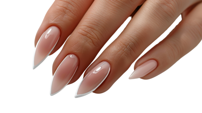 Woman hand showing french white nails manicure on transparent background