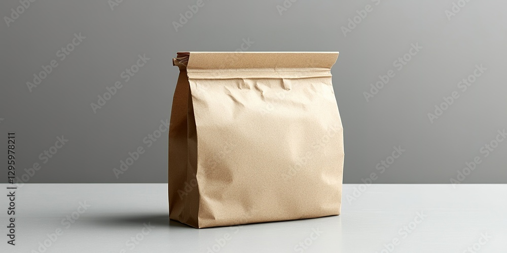 Poster simple kraft paper bag on minimalist table against plain background in a modern setting