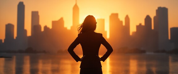 Fototapeta premium An image of business confidence and hope. A silhouette of a woman in a suit with her hands on her hips, gazing at the buildings in the city center.