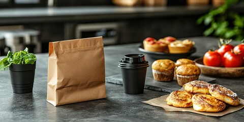 Naklejka premium Freshly baked pastries and coffee arranged on a kitchen countertop with a takeout bag and plants