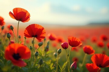 Fototapeta premium Serene Sunset Meadow of Vibrant Red Poppies Blooming in a Field of Flowers