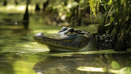 Obraz premium Close-up View of a Patient Alligator Lurking in Calm Swamp Waters Surrounded by Lush Greenery and Natural Light in a Serene Ecosystem