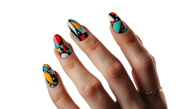 Woman showing colorful nail art with transparent background