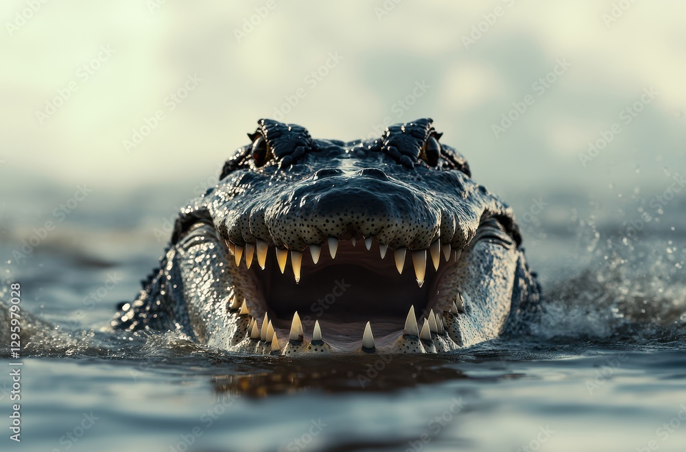 Poster close-up view of a powerful alligator emerging from water with sharp teeth and intimidating expressi