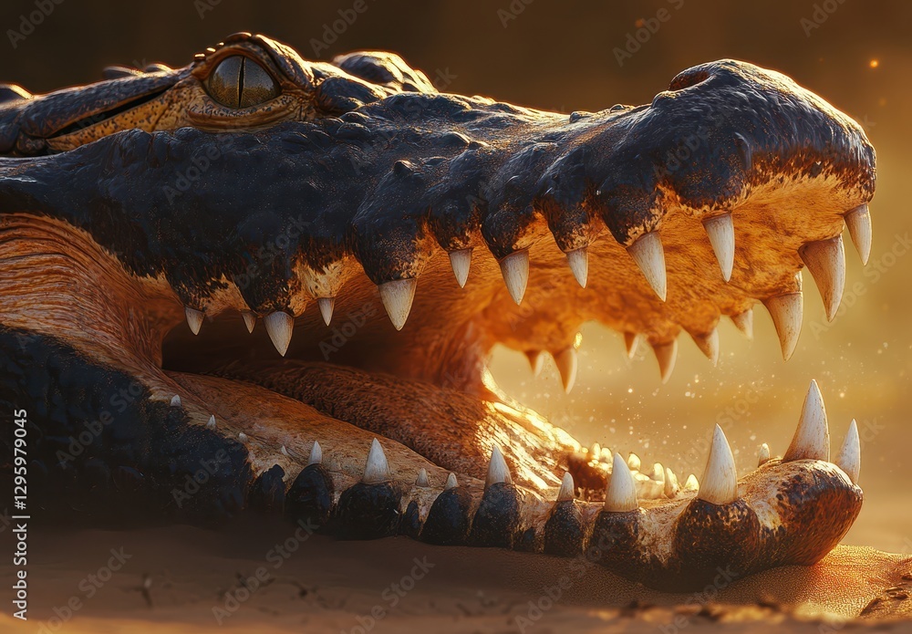 Poster close-up view of a nile crocodile with open mouth displaying sharp teeth in warm ambient light on a 