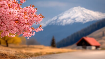Scenic view of cherry blossom trees in full bloom with majestic mountains and a cozy cabin in the background under a clear blue sky